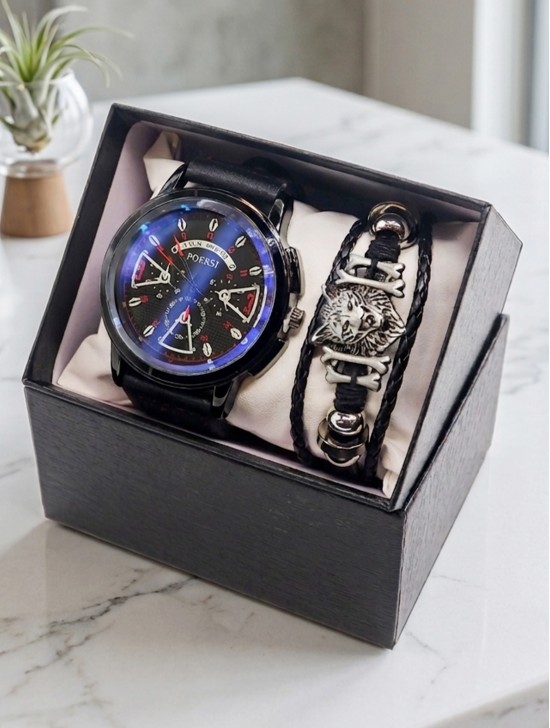 Men's Fashion Watch & Bracelet Set W/Gift Box 