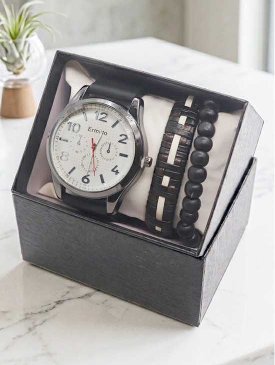 Men's Fashion Watch & Bracelet Set W/Gift Box 