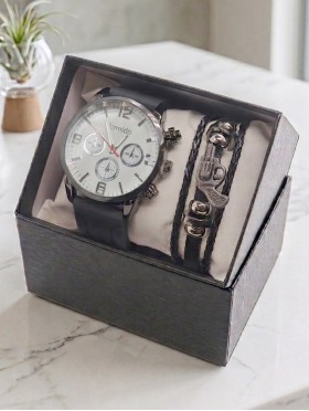 Men's Fashion Watch & Bracelet Set W/Gift Box 
