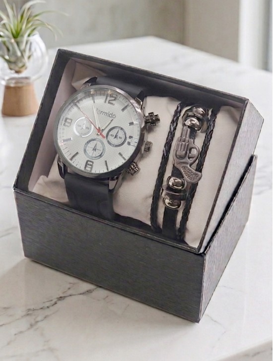 Men's Fashion Watch & Bracelet Set W/Gift Box 