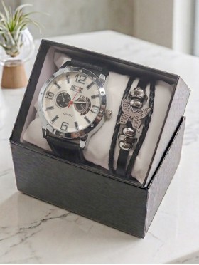 Men's Fashion Watch & Bracelet Set W/Gift Box 