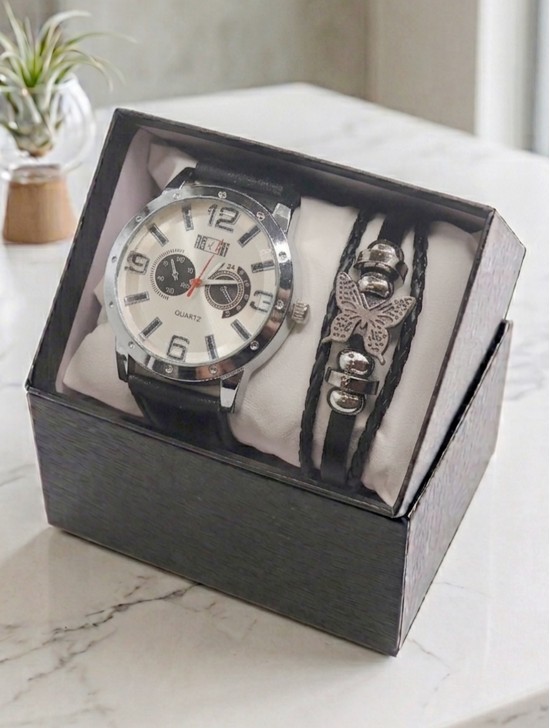 Men's Fashion Watch & Bracelet Set W/Gift Box 