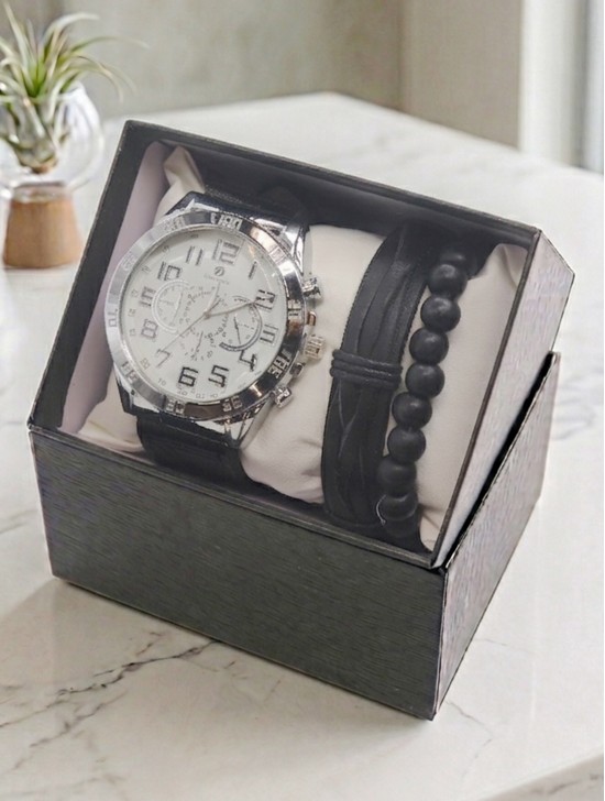 Men's Fashion Watch & Bracelet Set W/Gift Box 