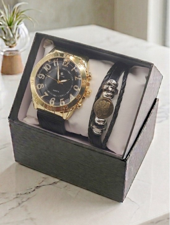 Men's Fashion Watch & Bracelet Set W/Gift Box 