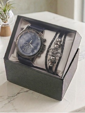 Men's Fashion Watch & Bracelet Set W/Gift Box 