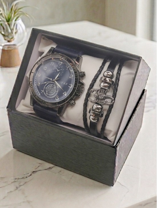 Men's Fashion Watch & Bracelet Set W/Gift Box 