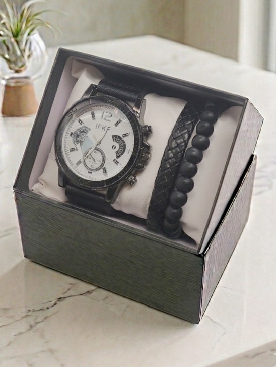 Men's Fashion Watch & Bracelet Set W/Gift Box 