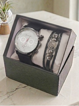 Men's Fashion Watch & Bracelet Set W/Gift Box 