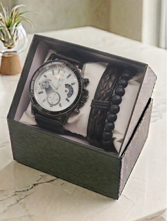 Men's Fashion Watch & Bracelet Set W/Gift Box 