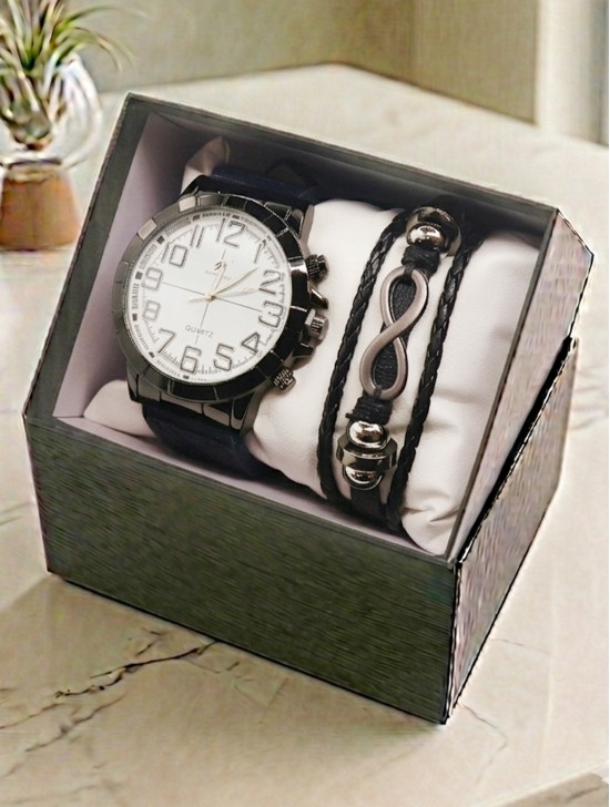 Men's Fashion Watch & Bracelet Set W/Gift Box 