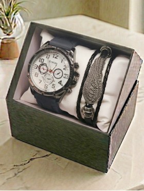 Men's Fashion Watch & Bracelet Set W/Gift Box 