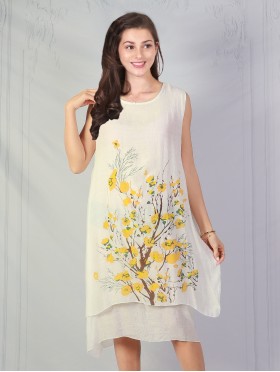 Layered Solid Shift Dress With Cherry Blossom Print