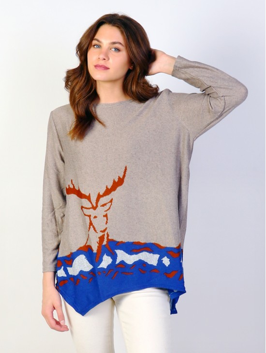 Ladies Deer Printed Knit Fashion Top 