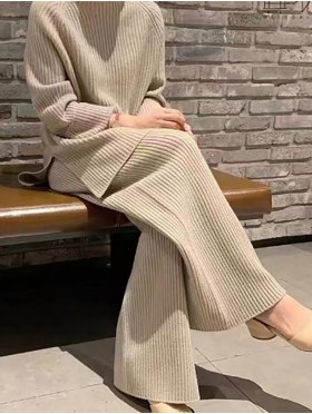 Solid Color Ribbed Sweater and Pants Set