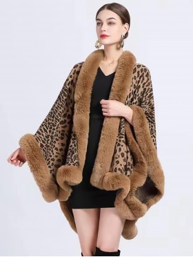 Leopard pattern full fur collar shawl