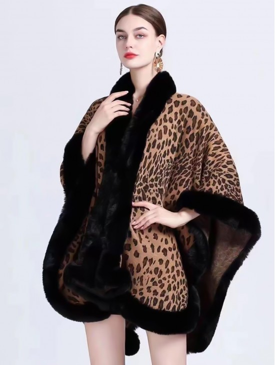 Leopard pattern full fur collar shawl
