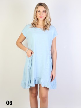 Shift Dress with Flouncy Edge. Cut-out Shoulder and Pockets