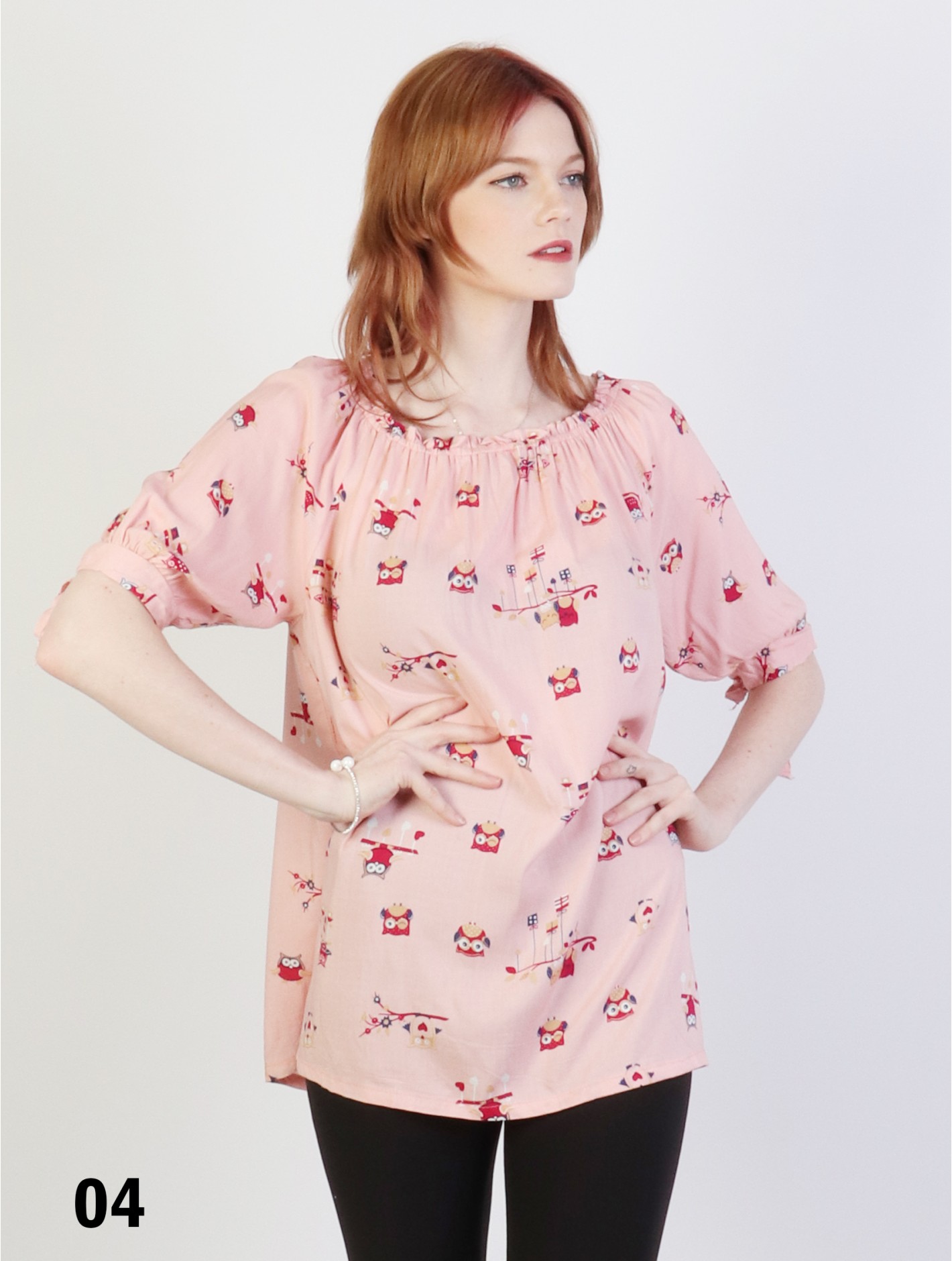 Off-the-Shoulder Owl Pattern Blouse W/ Ribbon Detail
