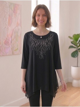 Solid Color Mid-Sleeved Top with Branched Rhinestone 