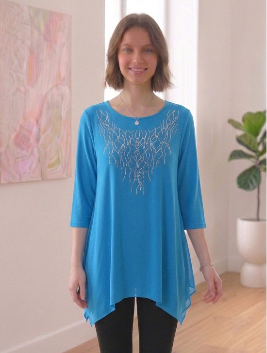 Solid Color Mid-Sleeved Top with Branched Rhinestone Solid Color Mid-Sleeved Top with Branched Rhinestone