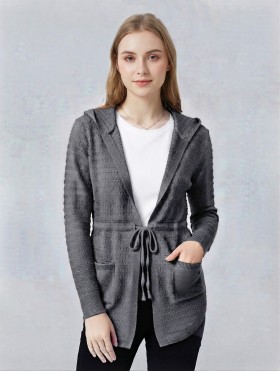 Knitted Open-Front Sweater W/ Front Tie & Pockets