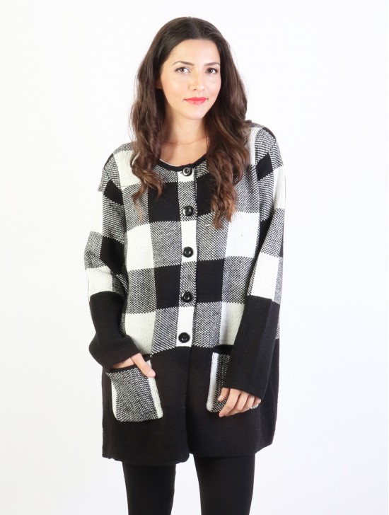 Plaid Knit Sweater Jacket W/ Buttons and Pockets