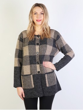 Plaid Knit Sweater Jacket W/ Buttons and Pockets