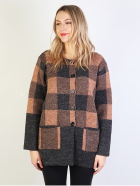 Plaid Knit Sweater Jacket W/ Buttons and Pockets