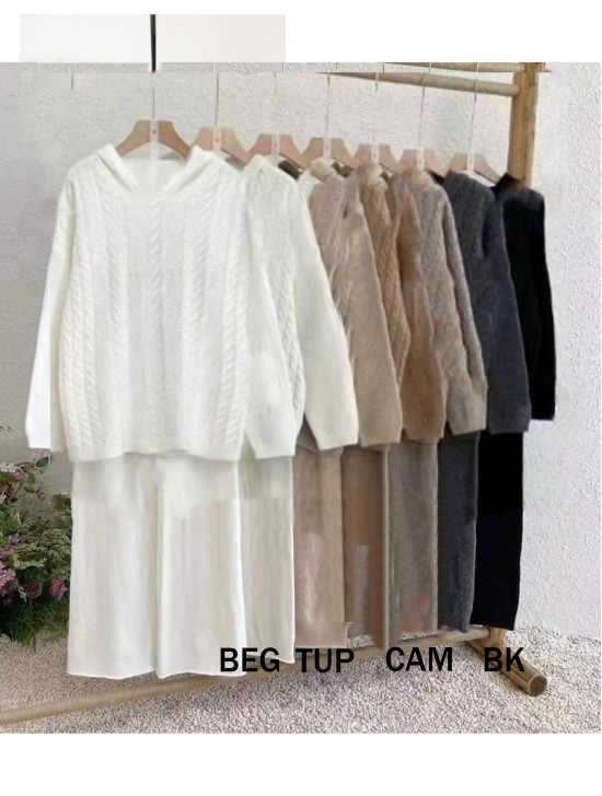 Solid Color Knitted Hooded Sweater and Pants Set