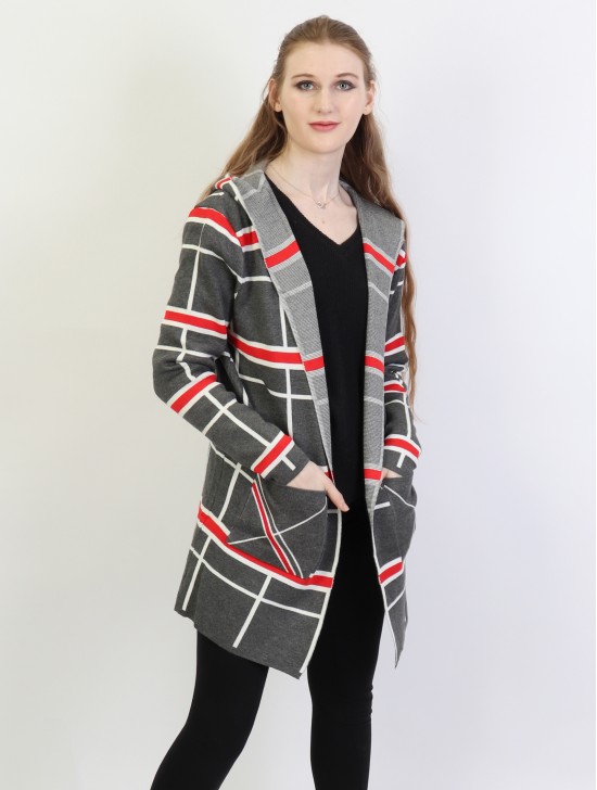 Plaid Open-Front Sweater Jacket W/ Pockets and Hood