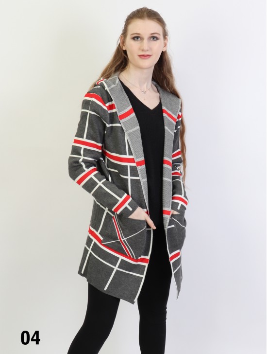 Plaid Open-Front Sweater Jacket W/ Pockets and Hood