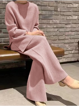 Solid Color Ribbed Sweater and Pants Set