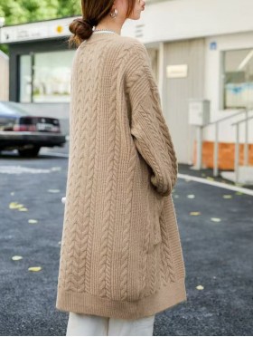 Solid Color Cable Knitted Cardigan W/ Pockets