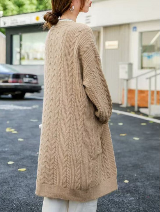 Solid Color Cable Knitted Cardigan W/ Pockets