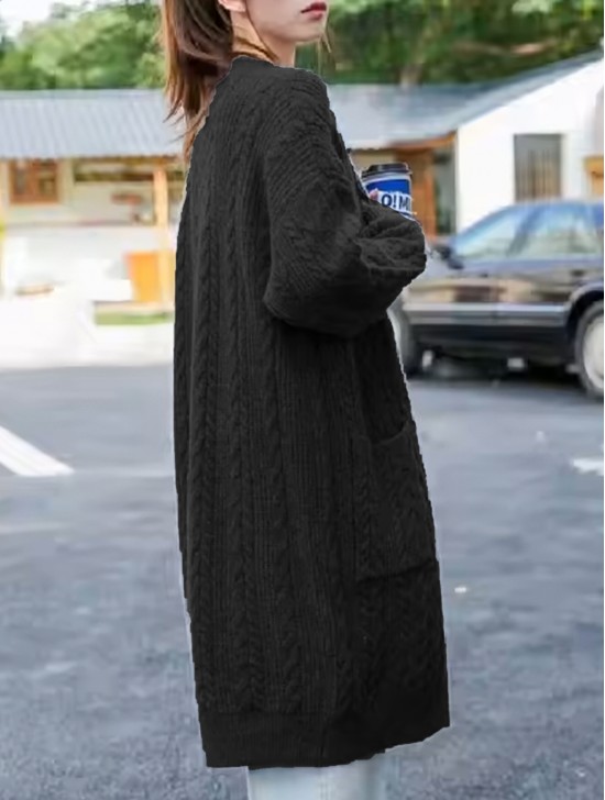 Solid Color Cable Knitted Cardigan W/ Pockets