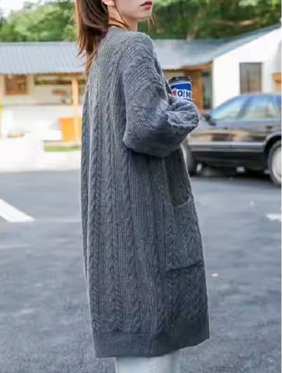 Solid Color Cable Knitted Cardigan W/ Pockets