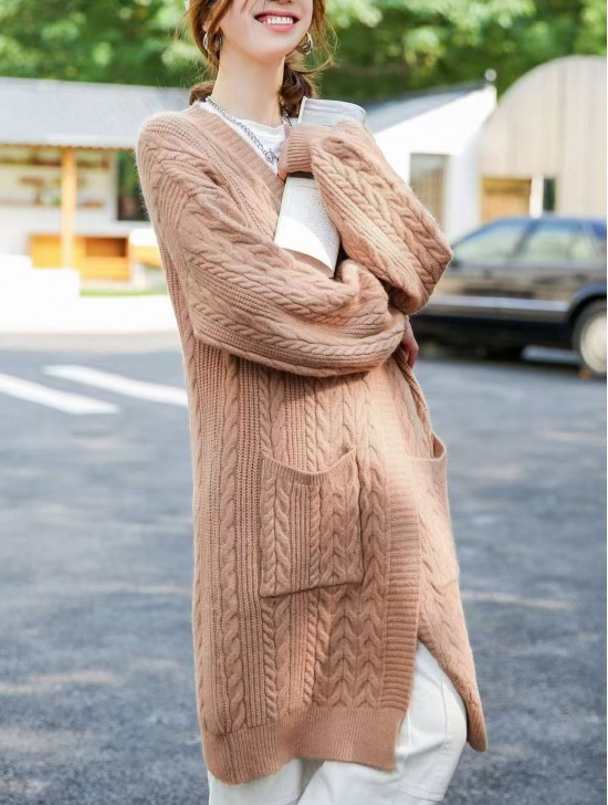 Solid Color Cable Knitted Cardigan W/ Pockets
