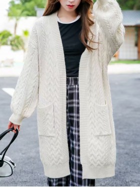 Solid Color Cable Knitted Cardigan W/ Pockets