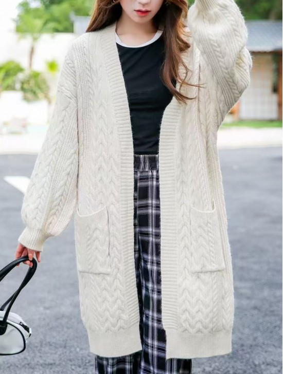Solid Color Cable Knitted Cardigan W/ Pockets