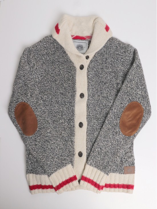 Women's Canadiana Grey Cardigan with Red+White Details, Pockets
