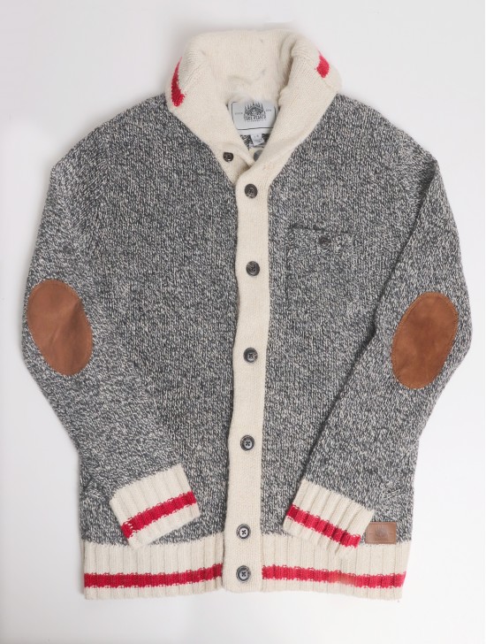 Men's Canadiana Grey Cardigan with Red+White Details, Pockets