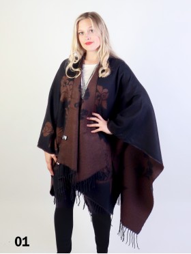 Two Tone Floral Print Cape W/Fringes