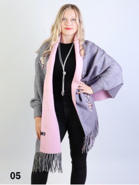 Cashmere Feeling Floral Embroidery Cape W/Sleeves