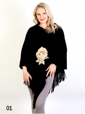 3D Floral Embroidery Poncho W/ Fringes