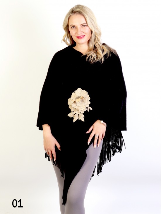 3D Floral Embroidery Poncho W/ Fringes