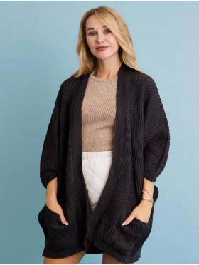 Ribbed Open-Front Knit Cardigan W/ Pockets