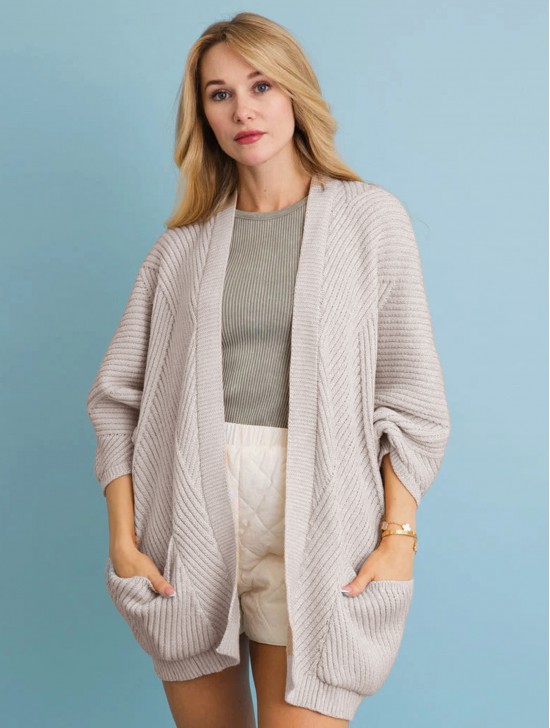 Ribbed Open-Front Knit Cardigan W/ Pockets