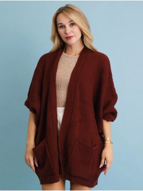 Ribbed Open-Front Knit Cardigan W/ Pockets