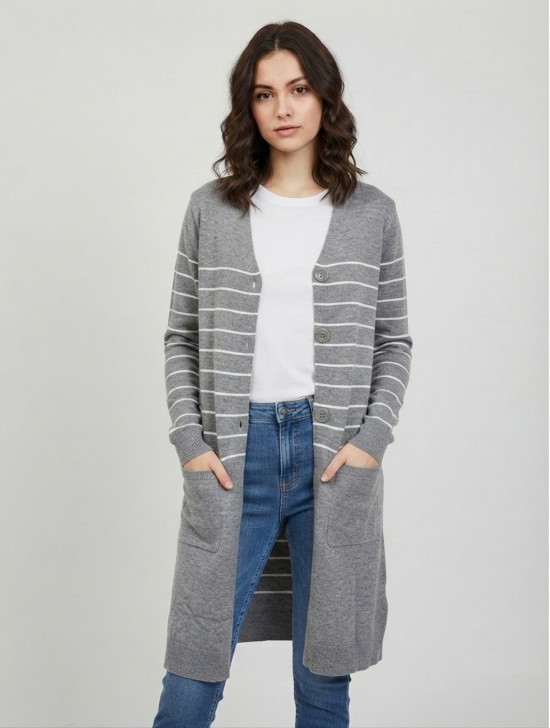 Striped Cardigan W/ Button & Pockets