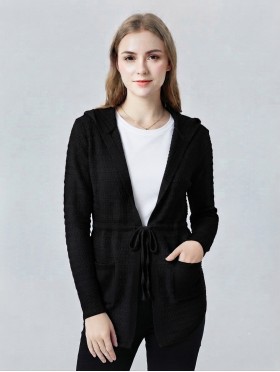 Knitted Open-Front Sweater W/ Front Tie & Pockets